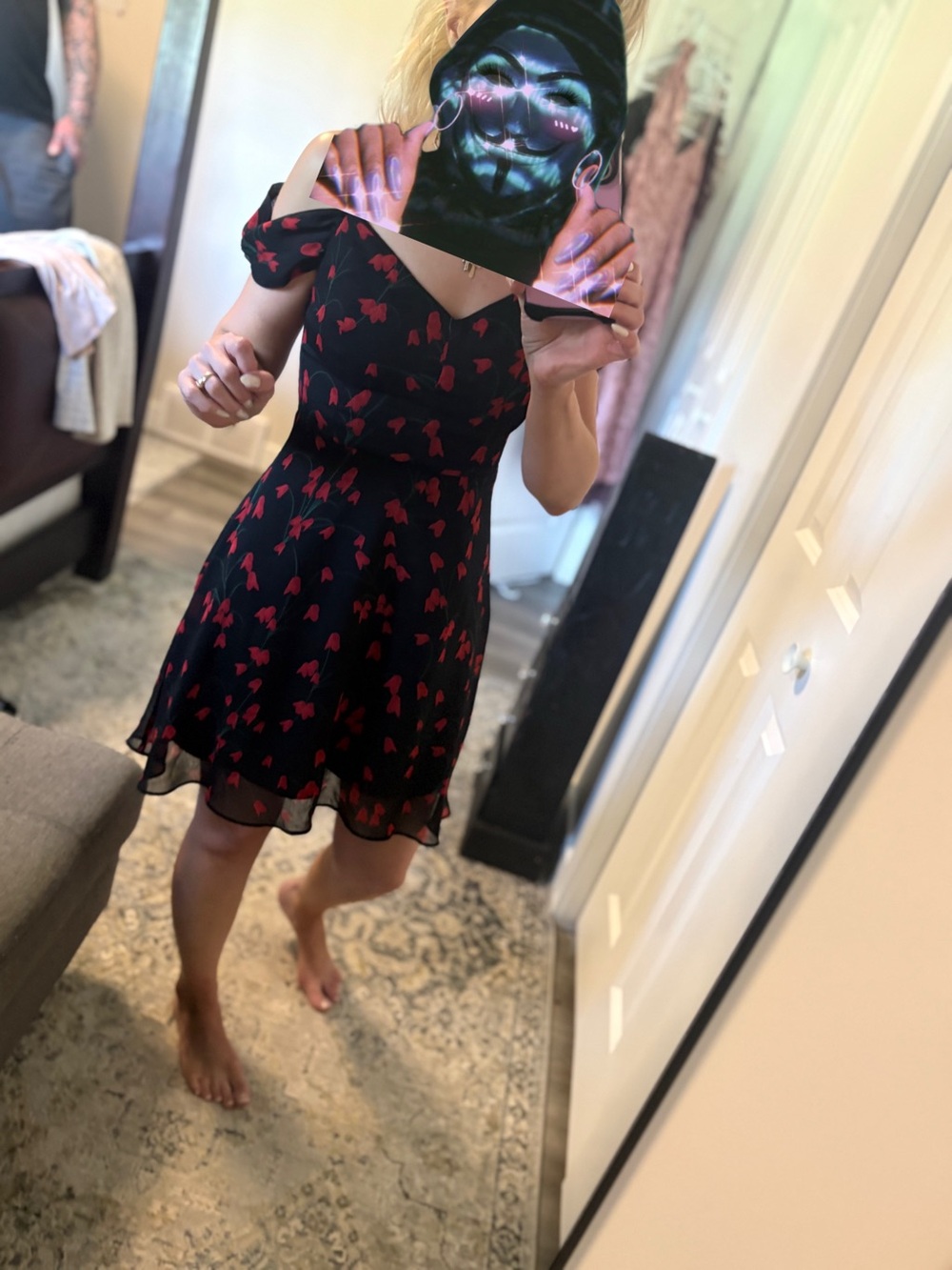 Dynamite Black Mini Dress with Red Floral Motif